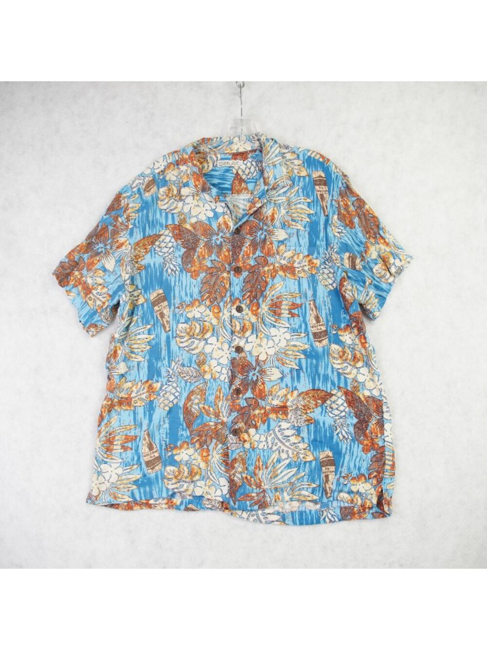 Vintage Young USA Mens Floral Hawaiian Button Up Shirt Size Large Blue Rayon